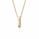 Gold necklace with a rectangular pendant on a white background